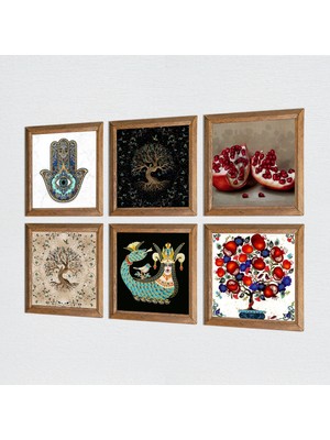 Pinecone Şahmeran, Hayat Ağacı, Nar, Nar Ağacı, Fatma Ana Eli (Hamsa) Taş Duvar Tablosu Ahşap Çerçeveli Duvar Dekoru 6 Parça Tablo Seti Wall Art W6-32