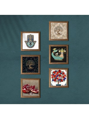 Pinecone Şahmeran, Hayat Ağacı, Nar, Nar Ağacı, Fatma Ana Eli (Hamsa) Taş Duvar Tablosu Ahşap Çerçeveli Duvar Dekoru 6 Parça Tablo Seti Wall Art W6-32