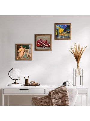 Pinecone Van Gogh Kafe Terasta Gece, İki Müzisyen Kız Tablosu, Nar Taş Duvar Tablosu Ahşap Çerçeveli Duvar Dekoru 3 Parça Tablo Seti Wall Art W3-1511