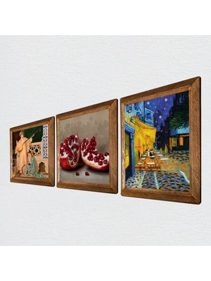 Pinecone Van Gogh Kafe Terasta Gece, İki Müzisyen Kız Tablosu, Nar Taş Duvar Tablosu Ahşap Çerçeveli Duvar Dekoru 3 Parça Tablo Seti Wall Art W3-1511