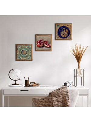 Pinecone Mandala, Tavus Kuşu, Nar Taş Duvar Tablosu Ahşap Çerçeveli Duvar Dekoru 3 Parça Tablo Seti Wall Art W3-1665