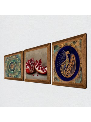 Pinecone Mandala, Tavus Kuşu, Nar Taş Duvar Tablosu Ahşap Çerçeveli Duvar Dekoru 3 Parça Tablo Seti Wall Art W3-1665