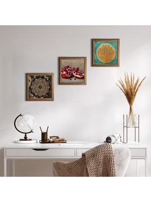 Pinecone Stone Sri Yantra, Lotus Çiçeği, Nar Ahşap Çerçeveli Taş Duvar Tablosu 3’lü Set – 25x25 cm Dekoratif Modern Sanat – Ev ve Ofis Dekoru |W3-1669|