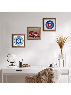 Pinecone Stone Nazar, Nar Ahşap Çerçeveli Taş Duvar Tablosu 3’lü Set – 25x25 cm Dekoratif Modern Sanat – Ev ve Ofis Dekoru |W3-1697|