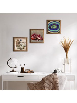 Pinecone Stone Nazar, Kelebekli Çiçek, Nar Ahşap Çerçeveli Taş Duvar Tablosu 3’lü Set – 25x25 cm Dekoratif Modern Sanat – Ev ve Ofis Dekoru |W3-1098|