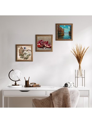 Pinecone Stone Claude Monet Sonbahar, Kelebekli Çiçek, Nar Ahşap Çerçeveli Taş Duvar Tablosu 3’lü Set – 25x25 cm Dekoratif Modern Sanat – Ev ve Ofis Dekoru |W3-1111|