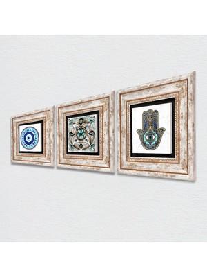 Pinecone Nazar, Çini Sanatı, Fatma Ana Eli (Hamsa) Taş Duvar Tablosu Çerçeveli Duvar Dekoru 3 Parça Tablo Seti Wall Art T3-196