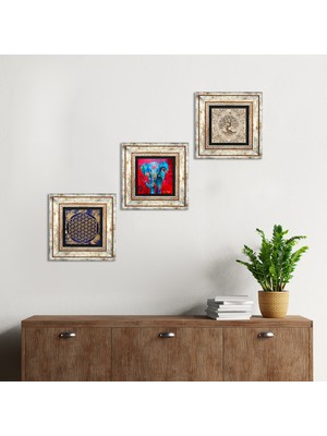 Pinecone Stone Fil, Yaşam Çiçeği, Hayat Ağacı Çerçeveli Taş Duvar Tablosu 3’lü Set - Dekoratif Modern Sanat, Ev ve Ofis Dekoru |TK3-333|