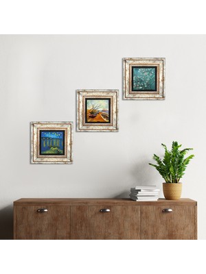Pinecone Stone Van Gogh Çerçeveli Taş Duvar Tablosu 3’lü Set - Dekoratif Modern Sanat, Ev ve Ofis Dekoru |TK3-507|