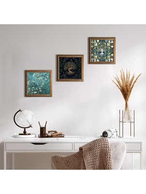 Pinecone Hayat Ağacı, Van Gogh Badem Ağacı Taş Duvar Tablosu Ahşap Çerçeveli Duvar Dekoru 3 Parça Tablo Seti Wall Art W3-207