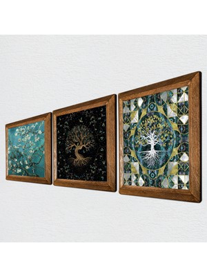 Pinecone Hayat Ağacı, Van Gogh Badem Ağacı Taş Duvar Tablosu Ahşap Çerçeveli Duvar Dekoru 3 Parça Tablo Seti Wall Art W3-207