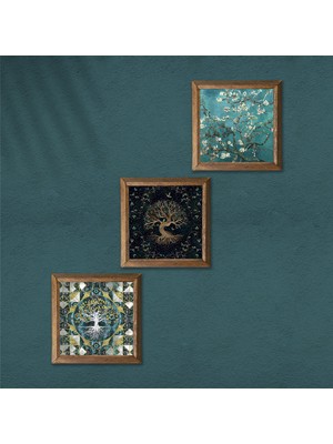 Pinecone Hayat Ağacı, Van Gogh Badem Ağacı Taş Duvar Tablosu Ahşap Çerçeveli Duvar Dekoru 3 Parça Tablo Seti Wall Art W3-207