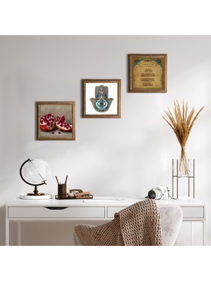 Pinecone Nazar Duası, Nar, Fatma Ana Eli (Hamsa) Taş Duvar Tablosu Ahşap Çerçeveli Duvar Dekoru 3 Parça Tablo Seti Wall Art W3-731