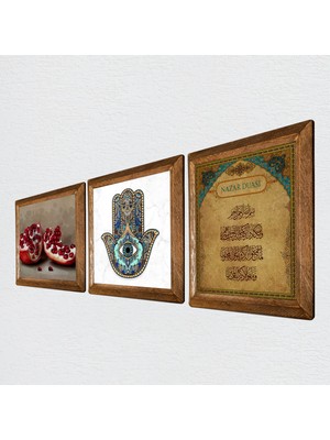 Pinecone Nazar Duası, Nar, Fatma Ana Eli (Hamsa) Taş Duvar Tablosu Ahşap Çerçeveli Duvar Dekoru 3 Parça Tablo Seti Wall Art W3-731