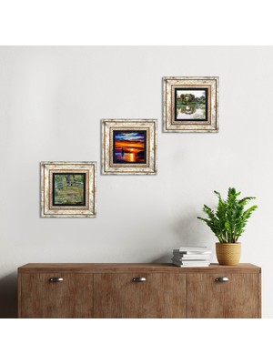Pinecone Stone Monet Gül Çiçekli Kemer, Nilüfer Gölü, Deniz Manzarası Çerçeveli Taş Duvar Tablosu 3’lü Set - Dekoratif Modern Sanat, Ev ve Ofis Dekoru |TK3-1944|
