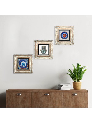 Pinecone Stone Nazar, Fatma Ana Eli (Hamsa) Çerçeveli Taş Duvar Tablosu 3’lü Set - Dekoratif Modern Sanat, Ev ve Ofis Dekoru |TK3-1958|