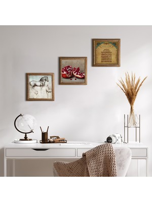 Pinecone Stone Ayet-el Kürsi, Nar, At Ahşap Çerçeveli Taş Duvar Tablosu 3’lü Set – 25x25 cm Dekoratif Modern Sanat – Ev ve Ofis Dekoru |W3-1305|
