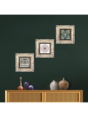 Pinecone Stone Hayat Ağacı, Yaşam Çiçeği, Çini Sanatı Çerçeveli Taş Duvar Tablosu 3’lü Set - Dekoratif Modern Sanat, Ev ve Ofis Dekoru |TK3-688|