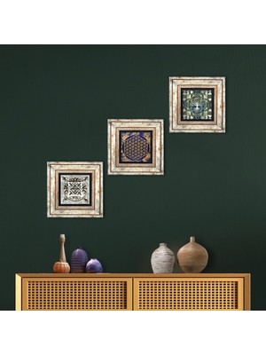 Pinecone Stone Hayat Ağacı, Yaşam Çiçeği, Çini Sanatı Çerçeveli Taş Duvar Tablosu 3’lü Set - Dekoratif Modern Sanat, Ev ve Ofis Dekoru |TK3-689|