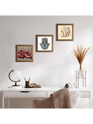 Pinecone Stone Allah Lafzı, Nar, Fatma Ana Eli (Hamsa) Ahşap Çerçeveli Taş Duvar Tablosu 3’lü Set – 25x25 cm Dekoratif Modern Sanat – Ev ve Ofis Dekoru |W3-732|