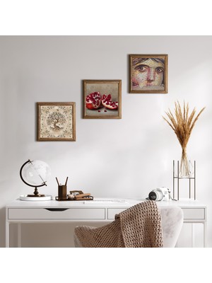 Pinecone Stone Çingene Kızı Mozaiği, Hayat Ağacı, Nar Ahşap Çerçeveli Taş Duvar Tablosu 3’lü Set – 25x25 cm Dekoratif Modern Sanat – Ev ve Ofis Dekoru |W3-906|