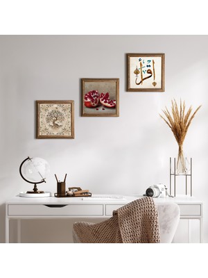 Pinecone Stone İlk Ayet 'Oku', Hayat Ağacı, Nar Ahşap Çerçeveli Taş Duvar Tablosu 3’lü Set – 25x25 cm Dekoratif Modern Sanat – Ev ve Ofis Dekoru |W3-916|