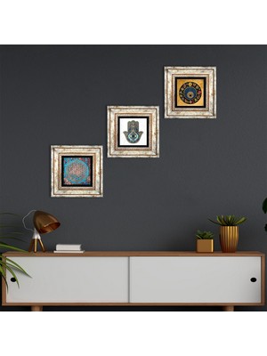 Pinecone Stone Yaşam Çiçeği, Nazar Boncuğu, Fatma Ana Eli (Hamsa) Çerçeveli Taş Duvar Tablosu 3’lü Set - Dekoratif Modern Sanat, Ev ve Ofis Dekoru |TK3-324|