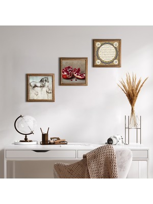 Pinecone Stone Hilye-i Şerif, Nar, At Ahşap Çerçeveli Taş Duvar Tablosu 3’lü Set – 25x25 cm Dekoratif Modern Sanat – Ev ve Ofis Dekoru |W3-1292|