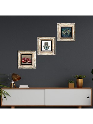 Pinecone Stone Nazar, Nar, Fatma Ana Eli (Hamsa) Çerçeveli Taş Duvar Tablosu 3’lü Set - Dekoratif Modern Sanat, Ev ve Ofis Dekoru |TK3-753|