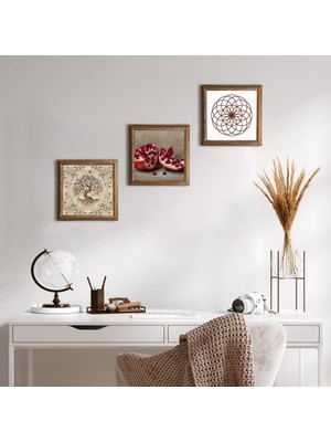 Pinecone Stone Yaşam Çiçeği, Hayat Ağacı, Nar Ahşap Çerçeveli Taş Duvar Tablosu 3’lü Set – 25x25 cm Dekoratif Modern Sanat – Ev ve Ofis Dekoru |W3-926|