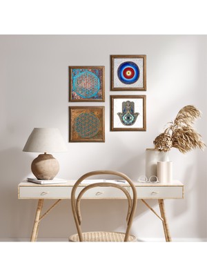 Pinecone Stone Nazar, Yaşam Çiçeği, Fatma Ana Eli (Hamsa) Ahşap Çerçeveli Taş Duvar Tablosu 4’lü Set – 25x25 cm Dekoratif Modern Sanat – Ev ve Ofis Dekoru |W4-439|