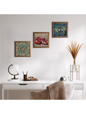 Pinecone Stone Mandala, Nazar, Nar Ahşap Çerçeveli Taş Duvar Tablosu 3’lü Set – 25x25 cm Dekoratif Modern Sanat – Ev ve Ofis Dekoru |W3-1683|