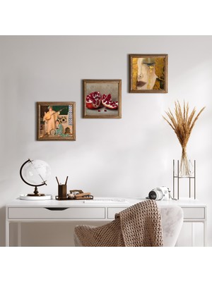 Pinecone Stone Gustav Klimt Altın Gözyaşları, İki Müzisyen Kız, Nar Ahşap Çerçeveli Taş Duvar Tablosu 3’lü Set – 25x25 cm Dekoratif Modern Sanat – Ev ve Ofis Dekoru |W3-1466|