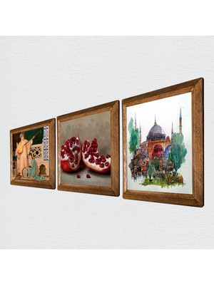 Pinecone İstanbul Ayasofya, İki Müzisyen Kız Tablosu, Nar Taş Duvar Tablosu Ahşap Çerçeveli Duvar Dekoru 3 Parça Tablo Seti Wall Art W3-1477