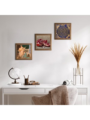 Pinecone Yaşam Çiçeği, İki Müzisyen Kız Tablosu, Nar Taş Duvar Tablosu Ahşap Çerçeveli Duvar Dekoru 3 Parça Tablo Seti Wall Art W3-1482