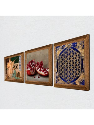 Pinecone Yaşam Çiçeği, İki Müzisyen Kız Tablosu, Nar Taş Duvar Tablosu Ahşap Çerçeveli Duvar Dekoru 3 Parça Tablo Seti Wall Art W3-1482