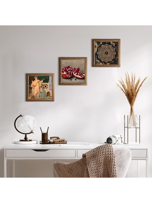 Pinecone Stone Sri Yantra, İki Müzisyen Kız Tablosu, Nar Ahşap Çerçeveli Taş Duvar Tablosu 3’lü Set – 25x25 cm Dekoratif Modern Sanat – Ev ve Ofis Dekoru |W3-1491|