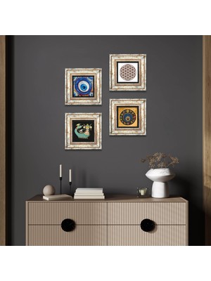 Pinecone Stone Yaşam Çiçeği, Nazar, Şahmeran Çerçeveli Taş Duvar Tablosu 4’lü Set - Dekoratif Modern Sanat, Ev ve Ofis Dekoru |TK4-1216|
