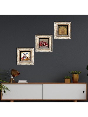 Pinecone Stone Ayet-el Kürsi, Semazen, Nar Çerçeveli Taş Duvar Tablosu 3’lü Set - Dekoratif Modern Sanat, Ev ve Ofis Dekoru |TK3-859|