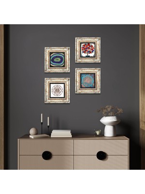 Pinecone Stone Nazar, Yaşam Çiçeği, Sri Yantra, Nar Ağacı Çerçeveli Taş Duvar Tablosu 4’lü Set - Dekoratif Modern Sanat, Ev ve Ofis Dekoru |TK4-1020|