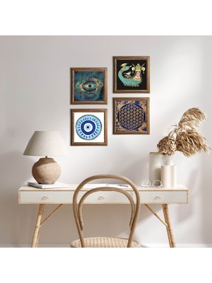 Pinecone Stone Nazar, Yaşam Çiçeği, Şahmeran Ahşap Çerçeveli Taş Duvar Tablosu 4’lü Set – 25x25 cm Dekoratif Modern Sanat – Ev ve Ofis Dekoru |W4-785|