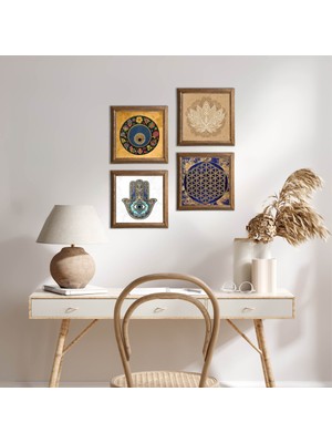 Pinecone Stone Lotus Çiçeği, Yaşam Çiçeği, Nazar, Fatma Ana Eli (Hamsa) Ahşap Çerçeveli Taş Duvar Tablosu 4’lü Set – 25x25 cm Dekoratif Modern Sanat – Ev ve Ofis Dekoru |W4-802|
