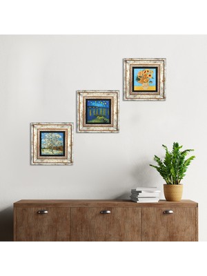 Pinecone Stone Van Gogh Çerçeveli Taş Duvar Tablosu 3’lü Set - Dekoratif Modern Sanat, Ev ve Ofis Dekoru |TK3-502|