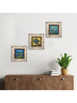 Pinecone Stone Van Gogh Ren Nehri, Süsenler, Badem Ağacı Çerçeveli Taş Duvar Tablosu 3’lü Set - Dekoratif Modern Sanat, Ev ve Ofis Dekoru |TK3-508|