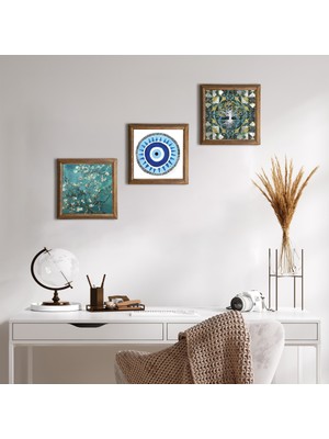 Pinecone Stone Nazar, Hayat Ağacı, Van Gogh Badem Ağacı Ahşap Çerçeveli Taş Duvar Tablosu 3’lü Set – 25x25 cm Dekoratif Modern Sanat – Ev ve Ofis Dekoru |W3-205|