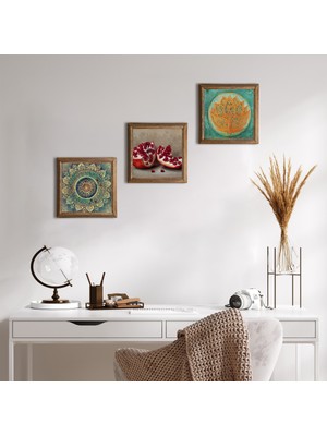 Pinecone Stone Mandala, Lotus Çiçeği, Nar Ahşap Çerçeveli Taş Duvar Tablosu 3’lü Set – 25x25 cm Dekoratif Modern Sanat – Ev ve Ofis Dekoru |W3-1672|