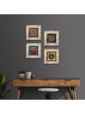 Pinecone Stone Yaşam Çiçeği, Sri Yantra, Nazar, Nar Çerçeveli Taş Duvar Tablosu 4’lü Set - Dekoratif Modern Sanat, Ev ve Ofis Dekoru |TK4-539|