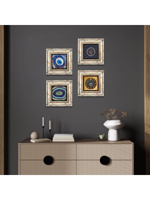 Pinecone Nazar Taş Duvar Tablosu Çerçeveli Duvar Dekoru 4 Parça Tablo Seti Wall Art T4-1224