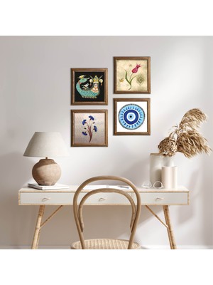 Pinecone Stone Nazar, Ebru Sanatı, Lale, Şahmeran Ahşap Çerçeveli Taş Duvar Tablosu 4’lü Set – 25x25 cm Dekoratif Modern Sanat – Ev ve Ofis Dekoru |W4-993|