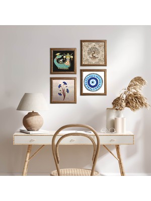 Pinecone Stone Nazar, Ebru Sanatı, Şahmeran, Hayat Ağacı Ahşap Çerçeveli Taş Duvar Tablosu 4’lü Set – 25x25 cm Dekoratif Modern Sanat – Ev ve Ofis Dekoru |W4-995|